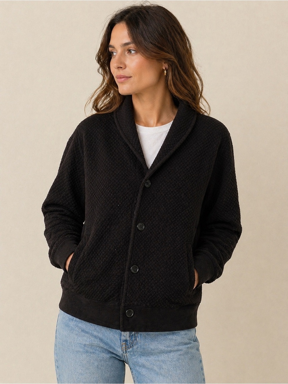 Perry Ellis Textured Button Front Jacket | Black Cotton | Size L | Minimalist